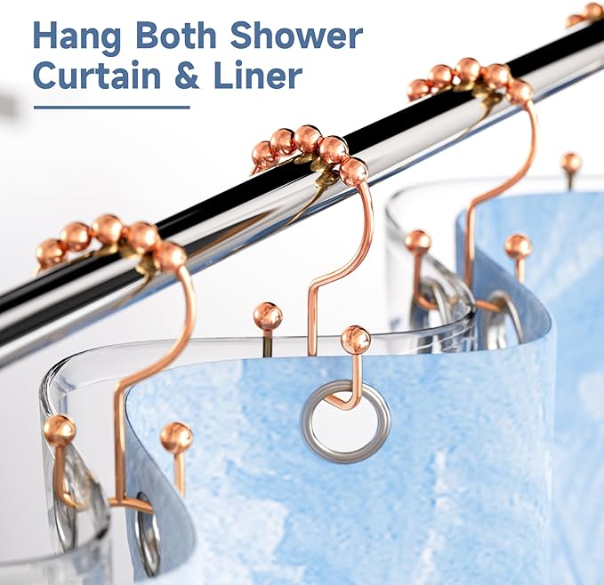 Titanker Shower Curtain Hooks Rings Rust Resistant Metal Double Glide Shower Hooks Rings for Bathroom Shower Rods Curtains, Set of 12 Hooks - Rose Gold