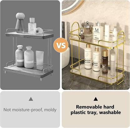 FOLLOWIN 2 Tier Countertop Organizer,Countertop Storage Perfume Tray,Vanity Counter Shelf,Bathroom Organizers and Storage Vanity,2-Tier Coffee Tray,Shine Gold