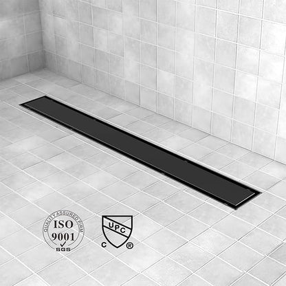 Offset Linear Shower Drain, Black Shower Drain 36 inch with 2-in-1 Tile Insert Cover, Brushed 304 Stainless Steel Side Outlet Black Shower Floor Drain with Hair Catcher and Adjustable Feet