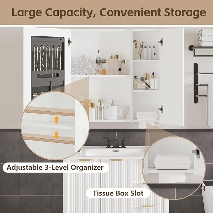 Lighted Bathroom Medicine Cabinet with Mirror，30 x 28 Inch Wall-Mounted Bathroom Wall Cabinet with Storage, LED Lights, Adjustable Shelves,White