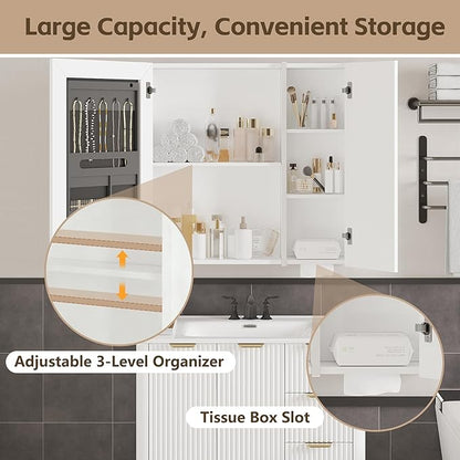 Lighted Bathroom Medicine Cabinet with Mirror，30 x 28 Inch Wall-Mounted Bathroom Wall Cabinet with Storage, LED Lights, Adjustable Shelves,White