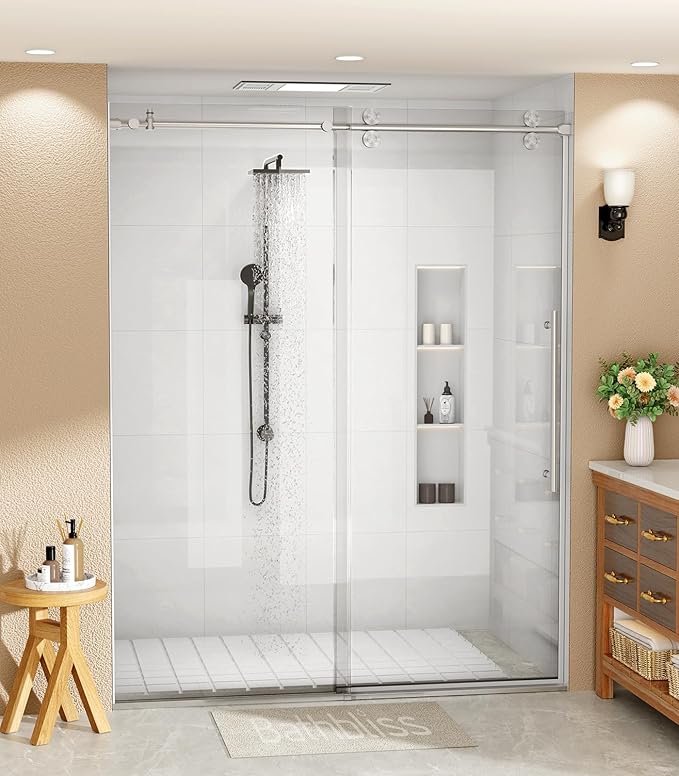 Bathbliss Glass Shower Door 56"-60" Wx76 H,Frameless Sliding Glass Door with 5/16"(8mm) Tempered Glass Shower with Brushed Nickel Finish