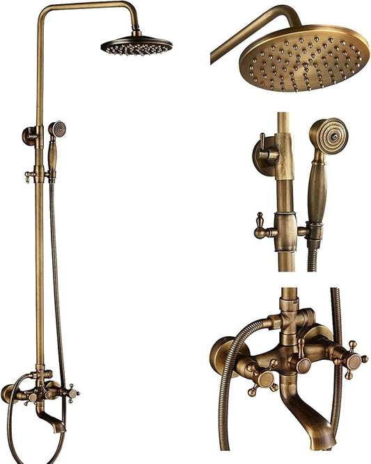 NeierThodore Antique Brass 8-Inch Bathroom Shower Faucet System Rainfall Shower Head Wall-Mounted Dual Cross Handle Bathtub Shower Mixer Tap with Hand Sprayer