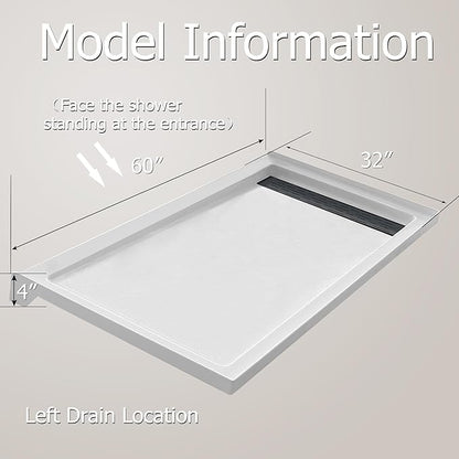 MORVANO 32 x 60 x 4 Shower Base with Single Threshold Rectangular Left Drain Location Shower Base in Glossy White, Acrylic Shower Pan with Black Stainess Steel Cover, Left Drain