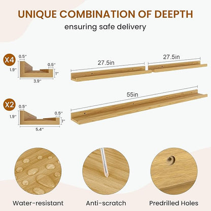Axeman Picture Ledge Shelf, Floating Shelves for Wall Decor Storage Set of 6, 55 inch Floating Wall Mounted Shelves, Shelves with Lip for Living Room, Bedroom, Nursery, Bathroom, Kitchen, Oak