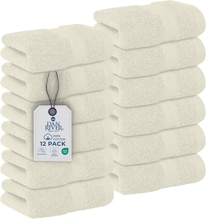 DAN RIVER 12-Pack Premium 100% Cotton Ivory Face Towels – Reusable Face Towel Set, Soft & Absorbent Washcloths for Bathroom & Body – Hand and Face Towels, 550 GSM (12x12 in)