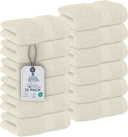 DAN RIVER 12-Pack Premium 100% Cotton Ivory Face Towels – Reusable Face Towel Set, Soft & Absorbent Washcloths for Bathroom & Body – Hand and Face Towels, 550 GSM (12x12 in)