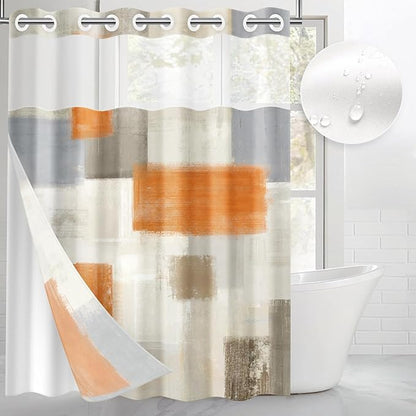 No Hook Grey Beige Orange Painting Shower Curtain with Snap in Fabric Liner Set, Abstract Double Layers Waterproof Fabric with See Through Top Window Open Grommet Bath Curtain 71x74 Inch