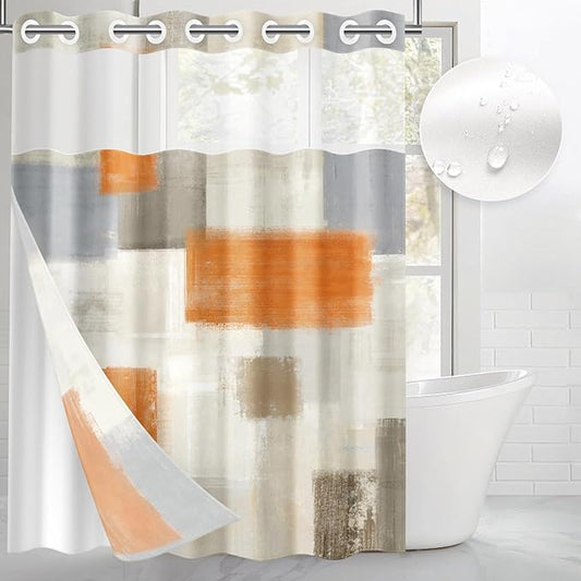 No Hook Grey Beige Orange Painting Shower Curtain with Snap in Fabric Liner Set, Abstract Double Layers Waterproof Fabric with See Through Top Window Open Grommet Bath Curtain 71x74 Inch