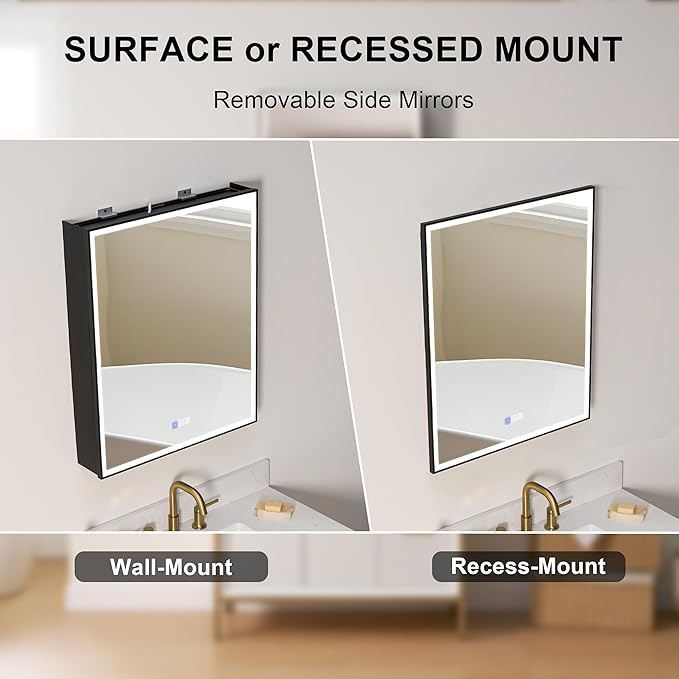 WELLFOR 24" X 30" LED Mirrored Medicine Cabinet, Medicine Cabinets with Lights for Bathroom, Defogging Function Mirror Cabinet, Bathroom Medicine Cabinet with USB Port & Outlet, Left Opening Doors