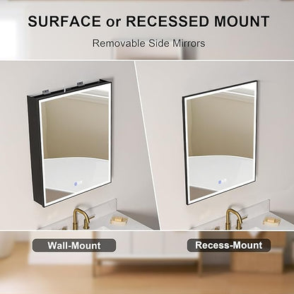 WELLFOR 24" X 30" LED Mirrored Medicine Cabinet, Medicine Cabinets with Lights for Bathroom, Defogging Function Mirror Cabinet, Bathroom Medicine Cabinet with USB Port & Outlet, Left Opening Doors