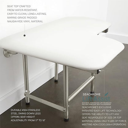 32" x 22.5" White Padded Wall Mount Folding Right-Handed Transfer Bench Shower Seat with Legs, ADA Compliant