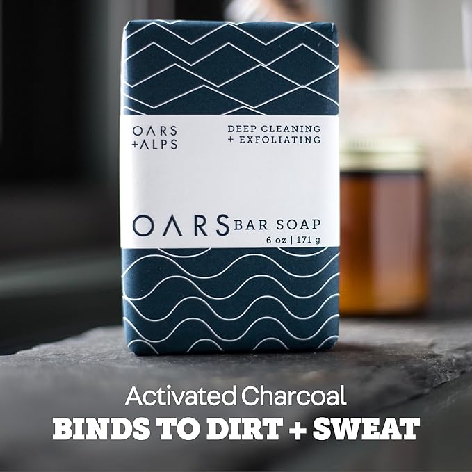 Oars + Alps Blue Charcoal Exfoliating Bar Soap for Men, Deep Cleaning & Exfoliating Soap, Dermatologist Tested & Made with Clean Ingredients, All Skin Types, Travel Size, 1pk, 6oz