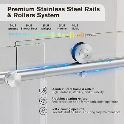 Bathtub Shower Door Frameless, 55-60" W x 60" H Sliding Tub Shower Door, 1/4''(6mm) SGCC Tempered Glass with Explosion-Proof Film Nano Coating, Stainless Steel Hardware, Brushed Nickel