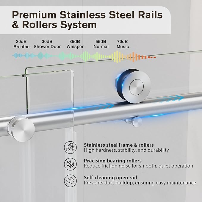 Frameless Glass Shower Door, 43-48" W x 76" H Sliding Frameless Shower Door, 1/4''(6mm) SGCC Tempered Glass, Explosion-Proof Film Nano Coating, Stainless Steel Hardware, Brushed Nickel