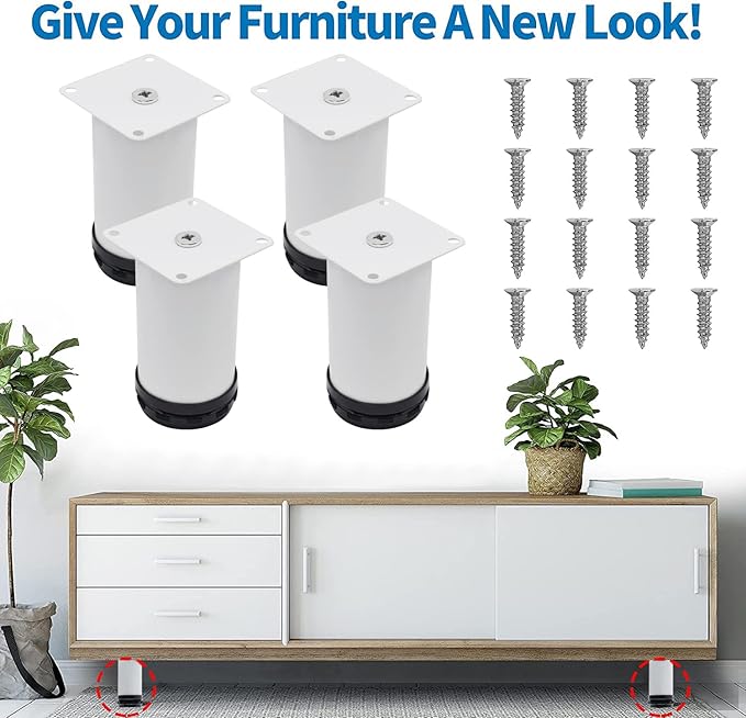 4 Inch Metal Furniture Legs Stainless Steel Adjustable Legs White Metal Legs Round Cabinet Legs for Coffee Table Cabinet Desk Sofa Shelves, Pack of 4
