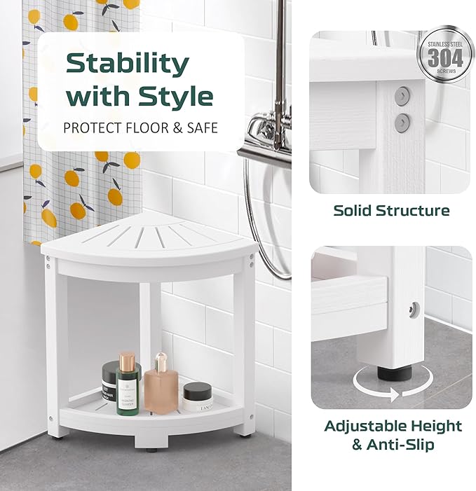 Waterproof Corner Shower Stool for Inside Shower, Poly Lumber Shower Bench Seat Chair, Bath Shower Stool for Shaving Legs Foot Rest with Storage Shelf, Adjustable & Non-Slip Feet, White