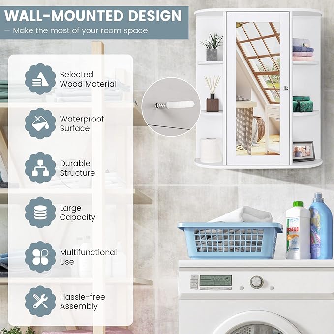COSTWAY Wall Mounted Bathroom Cabinet, Storage Organizer with Mirror Door, 3 Adjustable Shelves & 6 Open Racks, Space-Saving Hanging Medicine Cabinet for Living Room Kitchen Entryway, White