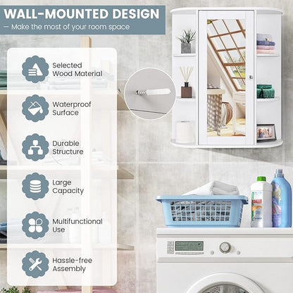 COSTWAY Wall Mounted Bathroom Cabinet, Storage Organizer with Mirror Door, 3 Adjustable Shelves & 6 Open Racks, Space-Saving Hanging Medicine Cabinet for Living Room Kitchen Entryway, White