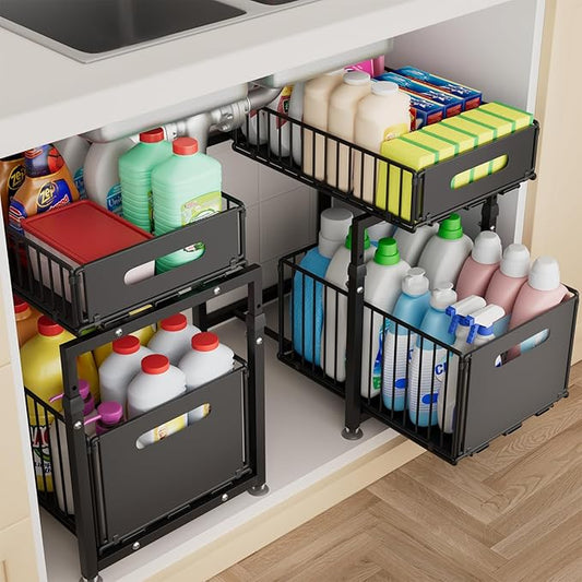 MIKEE Under Sink Organizer, 2 Tier Under Sink Organizers and Storage,Bathroom Cabinet Organizer with Adjustable Height, Pull Out Sink Shelf Cabinet Storage Shelves for Kitchen& Bathroom, Black