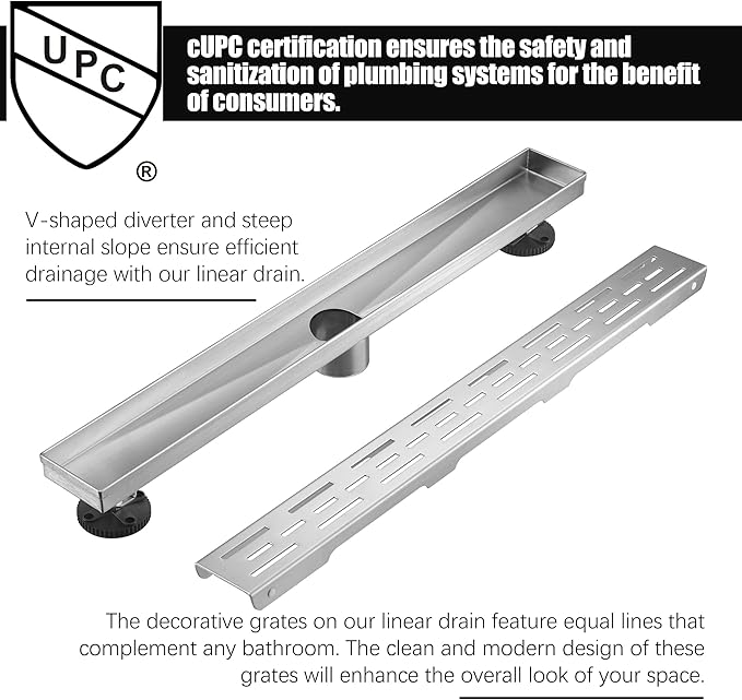 HEATGENE 36-Inch Linear Shower Drain in Brushed - Stainless Steel Rectangular Shower Floor Drain - Removable Decorative Cover - Adjustable Leveling Feet - CUPC Certified