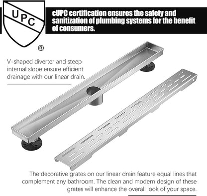 HEATGENE 12-Inch Linear Shower Drain in Brushed - Stainless Steel Rectangular Shower Floor Drain - Removable Decorative Cover - Adjustable Leveling Feet - CUPC Certified