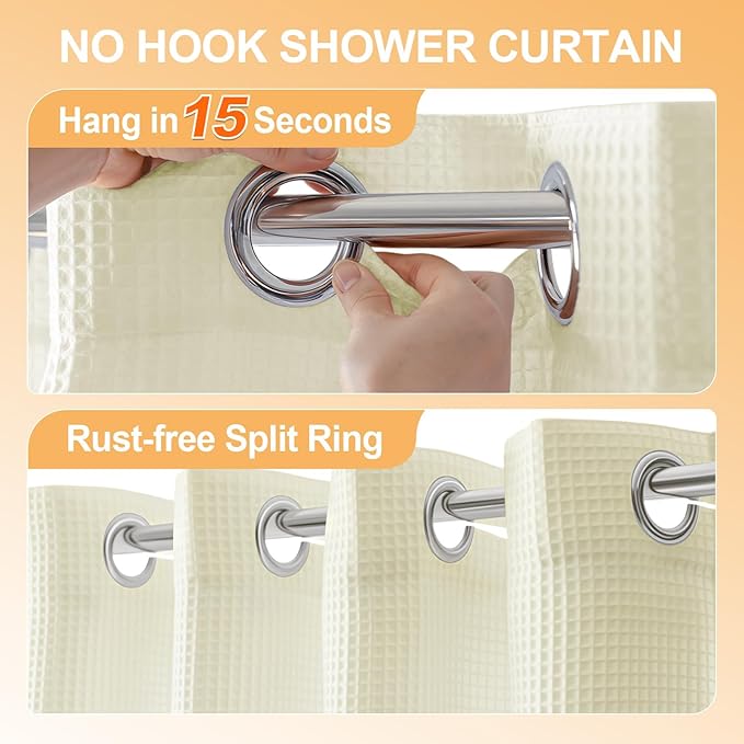 River Dream Cotton Blend Shower Curtain with Snap in Liner, Cream No Hook Shower Curtains for Bathroom, Hotel Grade, Water Repellent, 71" W x74 L