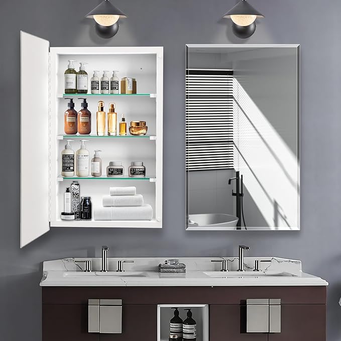 Bathroom Medicine Cabinet with 20"x26" Frameless Beveled Mirror,Recessed or Surface Mount, Space-Saving Storage for Toiletries,White Finish,Easy Installation