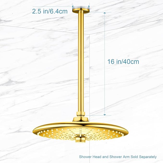 OFFO Shower Arm with Flange, Bright Gold 16 in Ceiling Mount Replacement Rain Shower Head Straight Arm Ceiling-Mounted For Fixed Shower Head & High Pressure Rain