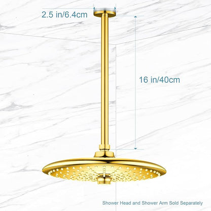 OFFO Shower Arm with Flange, Bright Gold 16 in Ceiling Mount Replacement Rain Shower Head Straight Arm Ceiling-Mounted For Fixed Shower Head & High Pressure Rain