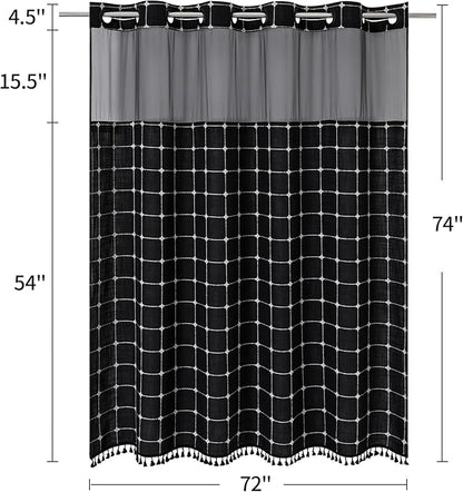 No Hooks Required Farmhouse Shower Curtain with Snap-in Liner - with Window & Magnets, Boho Cotton Linen Fabric Shower Curtains with Tassels for Rustic Bathroom Decor, Black and White, 72 x 74