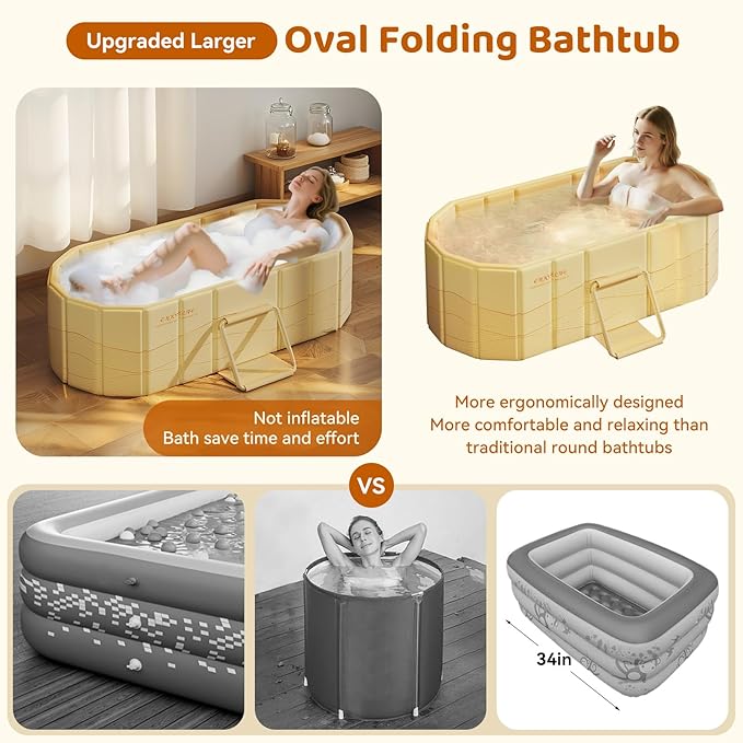 Portable Foldable Bathtub, Freestanding Bathtub No Installation, Bathroom SPA Soaking Bath Tub, Shower Stall Collapsible Hot & Ice Bath for Indoor Outdoor (Beige, ‎47.2"L x 21.6"W x 19.6"H)