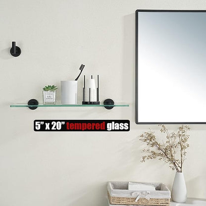 JQK Bathroom Glass Shelf Black, Tempered Glass Shower Storage 20 by 5 inches, 304 Stainless Steel Matte Black Wall Mount, 2 Pack, TGS101L20-PB-P2