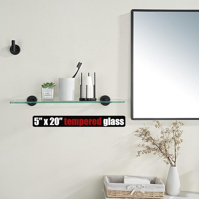 JQK Bathroom Glass Shelf Black, Tempered Glass Shower Storage 20 by 5 inches, 304 Stainless Steel Matte Black Wall Mount, TGS101L20-PB