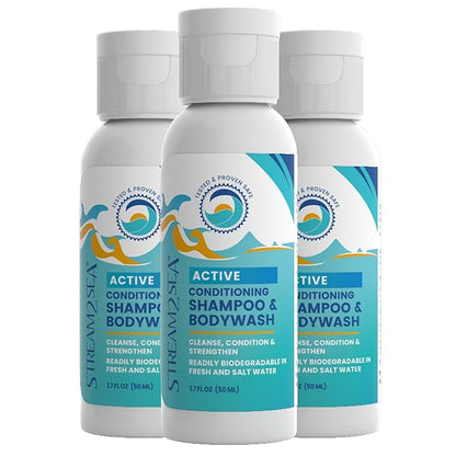 Non Toxic Shampoo and Conditioner, Body Wash 3 in 1 for Swim - Reef Safe Swimmers Shampoo for Men, Women Kids - All Natural Organic Shampoo Conditioner, Biodegradable Soap Camping Travel Size 1.69oz