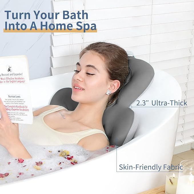 Bath Cushion, Full Body Bathtub Pillow with 160 Suction Cups, Bath Mat for Head and Neck Support, with Laundry Bag (Dark Gray, 56.2" x 16.2")