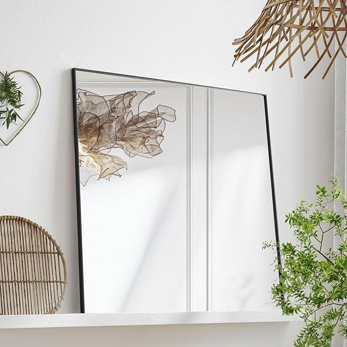 36x36 Inch Black Bathroom Mirror, Copper-Free Mirror, Aluminum Alloy Frame Vanity Mirror, Rectangle Wall Mounted Mirror, Modern Mirror for Bedroom/Living Room/Porch Horizontal or Vertical