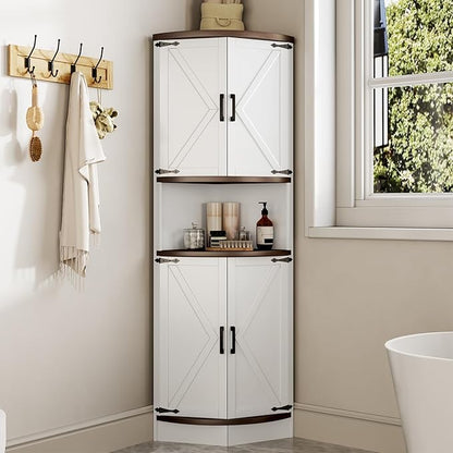 64.8" Farmhouse Corner Cabinet, Dining Room Tall Corner Cabinet with 4 Barn Doors and 5 Storage Shelves, Bar Storage Cabinets for Kitchen, Living Rooms, Laundry Room White