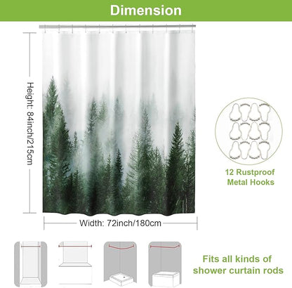 ORTIGIA 84 Inch Long Green Misty Forest Shower Curtain for Bathroom, Nature Woodland Shower Curtain Set with Hooks, Decorative Pine Tree Fog Magic Bath Curtain, Waterproof Fabric, Weighted, 72x84