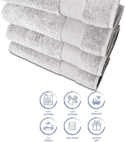 Hencely Premium Bath Towel Set of 4-28x58 Inches - High Absorbency, Quick Drying - 100% Soft Turkish Cotton Towels - Ideal for Home, Bathroom, Hotel, Spa, and Gym - Silver