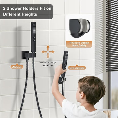 Shower Faucet Set, Ceiling Mount Shower System 12-inch & 6-inch Dual Shower Head Set with 2 in 1 Handheld Spray Rain Shower Faucet Head with Rough-in Valve and Shower Trim Kit, Matte Black