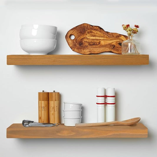 Homeforia 24 inch Golden Oak Floating Shelf, High End Solid Real Wood 24inch Small Floating Shelves for Wall Mounted, Oak Wooden 24in Floating Shelves, Heavy Duty Bracket, 24 X 6.5 X 1.75 in, Set of 4