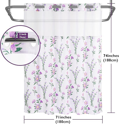 Lagute SnapHook Floral Shower Curtain with Snap-in Liner for Bathroom| No Hook Needed| Mesh Top Window| Machine Washable| Hotel Grade| 71Wx74L，Purple Bouquet