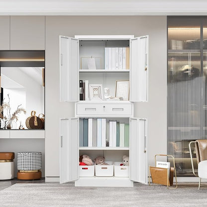 Metal Storage Cabinet, 71 Inch Tall Metal Storage Cabinet with Doors and Shelves, Pantry Cabinets with Drawer for Kitchen Storage, Garage Cabinet for Living, Dining Room, Assemble Required.