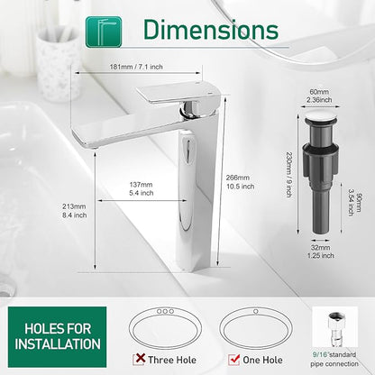 VOTON Vessel Sink Faucet Single Handle Tall Bathroom Sink Faucet Chrome Bathroom Vanity Faucet Basin Mixer Tap with Water Supply Lines and Pop Up Drain,Solid Brass