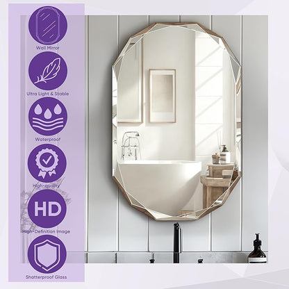Bathroom Mirror for Wall, 26" x 38" Oval Bathroom Vanity Mirror, Beveled Edge Frameless Wall Mount Vanity, Wall Decorative Irregular Beveled Edge Mirror