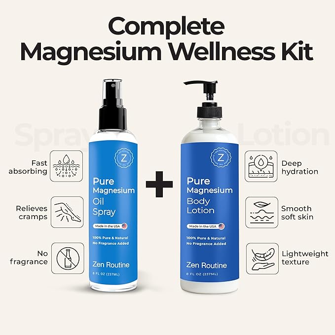 Magnesium Lotion + Magnesium Oil Spray Set | Pure Topical Magnesium for Sleep | Muscle Relief | Leg Cramps & Foot Comfort | Fast-Absorbing | Magnesium Oil on Feet | Non-Itch | Extra Strength Cream
