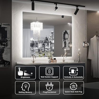 TETOTE 40 x 32 Inch LED Backlit Bathroom Vanity Mirror,Anti-Fog,Dimmable,CRI90+,Touch Button,Water Proof,Horizontal/Vertical Wall Mounted with Light