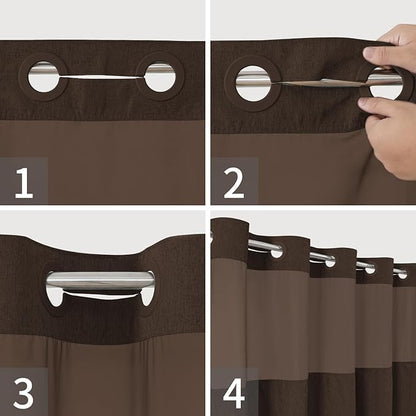 Long No Hooks Needed Linen Textured Shower Curtain with Snap-in Fabric Liner Set,Hotel Luxury Decor Shower Curtains for Bathroom,Waterproof & Washable,71Wx80H,Brown