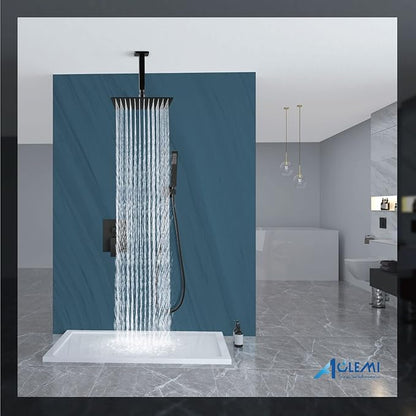 Aolemi Matte Black Ceiling Mount Rain Shower Head with Handheld Spray and High Pressure Faucet Set, Includes 16 Inch Shower Head and Trim Kit